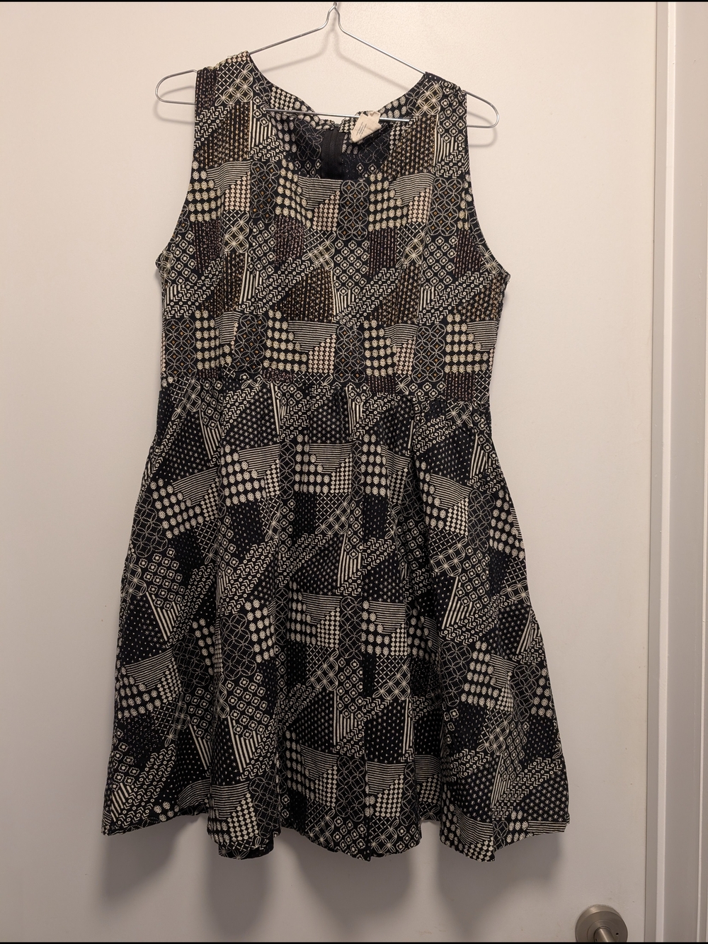 Black and Cream Geometric Fit-and-Flare Dress
